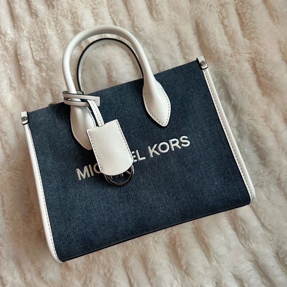 Michael Kors Mirella Small Denim and White Tote Bag - Picture 3 of 9